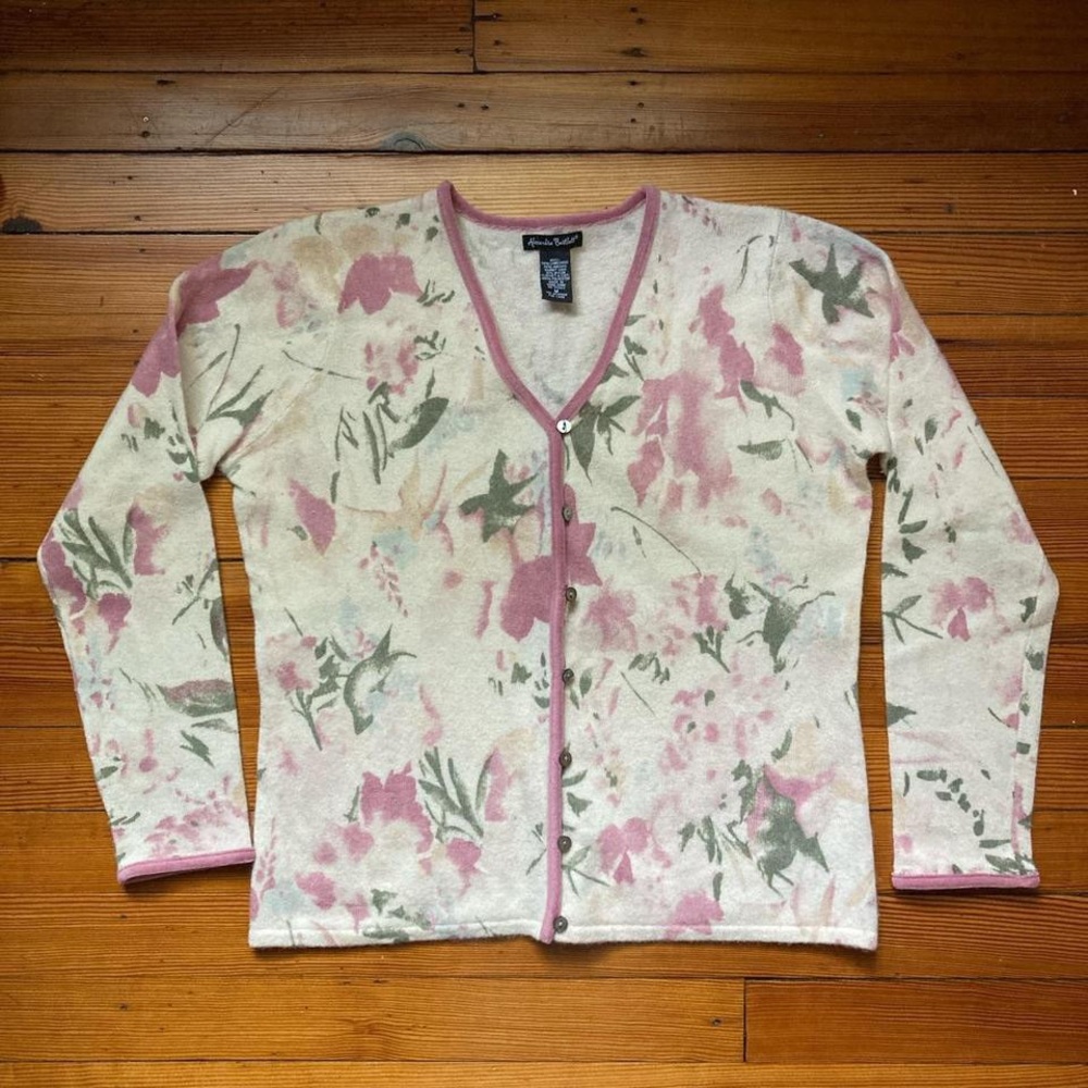 Vintage Alexandra Bartlett wool blend cardigan pink white floral cottage M y2k